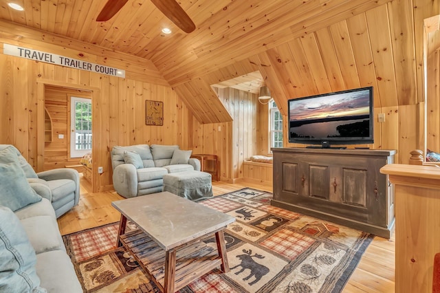 700 Pond Rd, Saint Albans, ME 04971 - living room featuring lofted ceiling, wooden ceiling, wood walls, hardwood / wood-style flooring, and ceiling fan