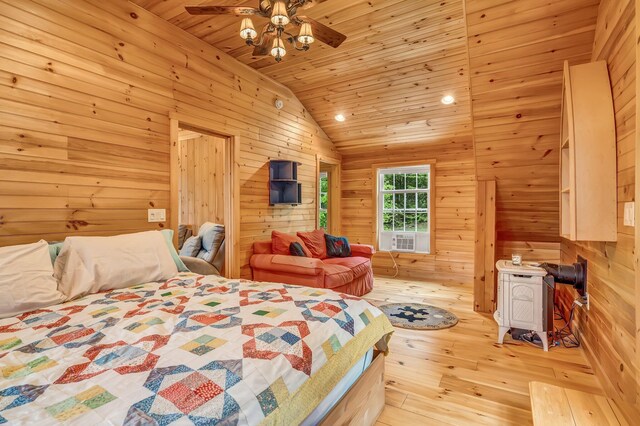 700 Pond Rd, Saint Albans, ME 04971 - bedroom featuring lofted ceiling, light wood-type flooring, wooden walls, wood ceiling, and recessed lighting