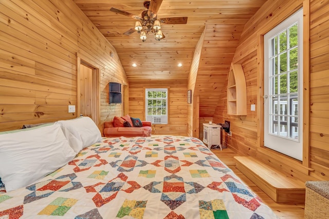 700 Pond Rd, Saint Albans, ME 04971 - bedroom featuring multiple windows, wood finished floors, wood walls, wood ceiling, and lofted ceiling