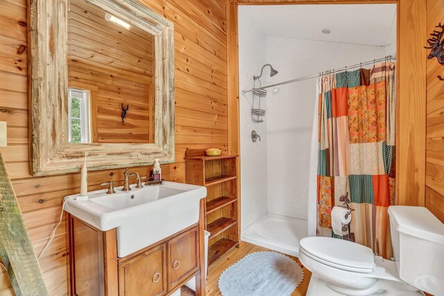 700 Pond Rd, Saint Albans, ME 04971 - bathroom with toilet, wood walls, a shower stall, vanity, and wood finished floors