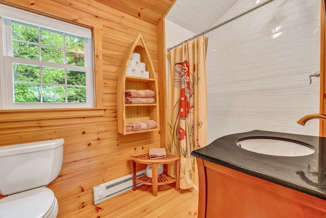 700 Pond Rd, Saint Albans, ME 04971 - full bathroom with toilet, lofted ceiling, wood walls, vanity, and wooden ceiling