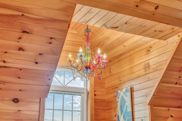 700 Pond Rd, Saint Albans, ME 04971 - detailed view of a chandelier, wood walls, and wooden ceiling