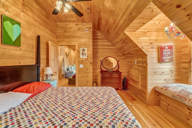 700 Pond Rd, Saint Albans, ME 04971 - bedroom featuring wooden ceiling, wooden walls, wood finished floors, and ceiling fan