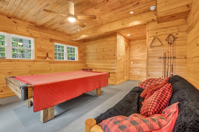 700 Pond Rd, Saint Albans, ME 04971 - game room featuring pool table, concrete floors, wooden walls, wooden ceiling, and a ceiling fan