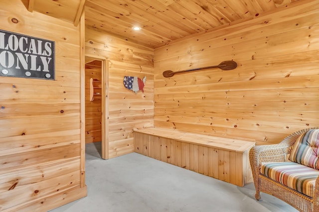 700 Pond Rd, Saint Albans, ME 04971 - sitting room with a sauna, wood walls, wood ceiling, and recessed lighting
