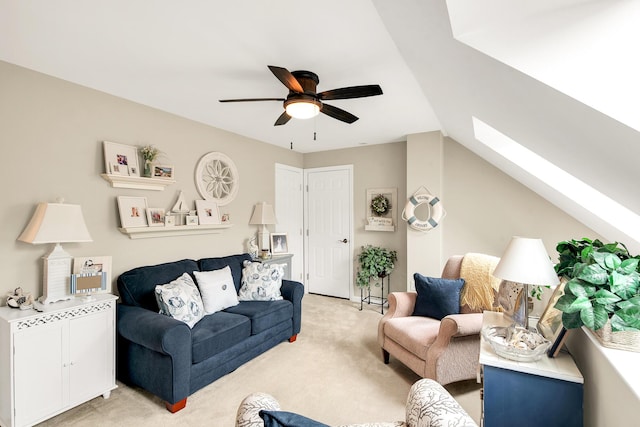 19 Winding Brook Ln S Unit 19, Wells, ME 04090 - living area featuring light carpet, a skylight, a ceiling fan, and lofted ceiling