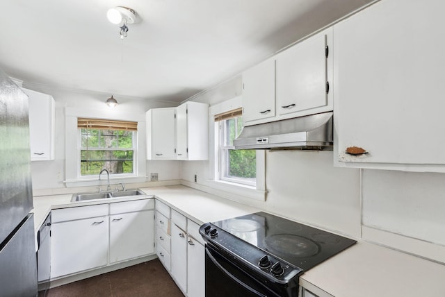 705707 Maine Ave, Farmingdale, ME 04344 - kitchen featuring black electric range oven, under cabinet range hood, a sink, white cabinets, and light countertops