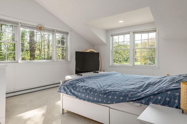 107 Tidy Rd Unit A & B, Eliot, ME 03903 - bedroom featuring baseboard heating, vaulted ceiling, and light carpet