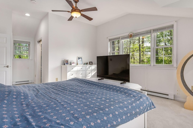 107 Tidy Rd Unit A & B, Eliot, ME 03903 - bedroom featuring a baseboard radiator, vaulted ceiling, baseboard heating, carpet, and a ceiling fan