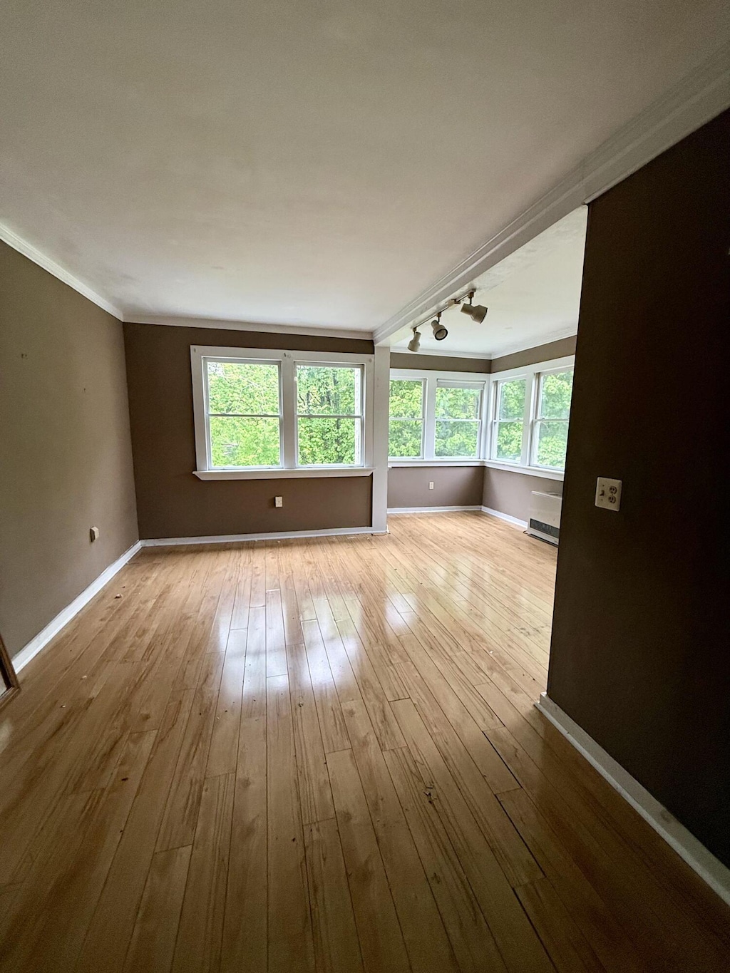 42 Alfred Rd, Kennebunk, ME 04043 - empty room with baseboards, ornamental molding, hardwood / wood-style floors, and rail lighting