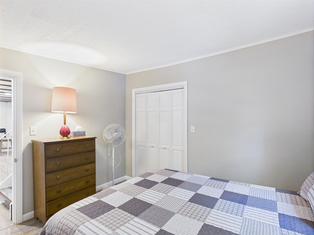 1107 S Shore Rd, Madawaska Lake Twp, ME 04783 - bedroom featuring crown molding, a closet, and baseboards