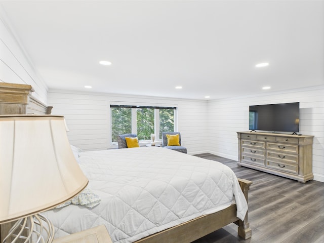 1107 S Shore Rd, Madawaska Lake Twp, ME 04783 - bedroom featuring wood finished floors, wood walls, and recessed lighting
