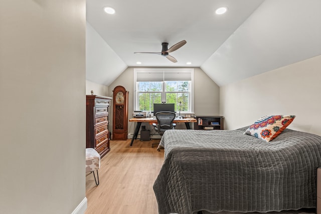15 Pacer Way, Scarborough, ME 04074 - bedroom with light wood-type flooring, vaulted ceiling, a desk, recessed lighting, and a ceiling fan