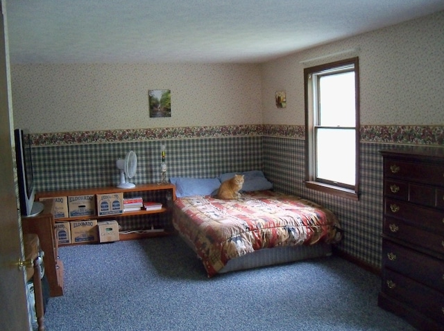 593 S Strong Rd, Strong, ME 04983 - bedroom featuring wallpapered walls, wainscoting, and carpet flooring