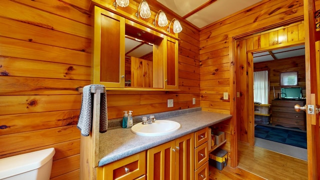 574 Scribner Hill Rd, Otisfield, ME 04270 - bathroom with vanity, toilet, wood walls, and wood finished floors