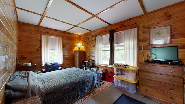 574 Scribner Hill Rd, Otisfield, ME 04270 - bedroom featuring wooden walls and carpet flooring