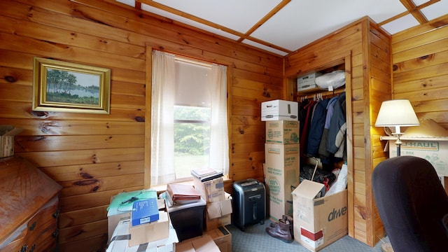 574 Scribner Hill Rd, Otisfield, ME 04270 - office space with wooden walls and carpet flooring