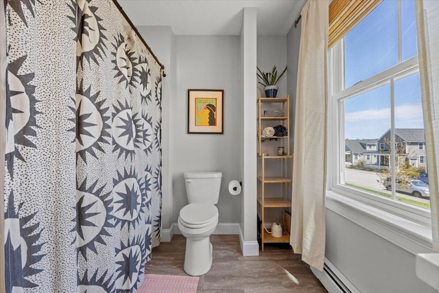 4 Frontrunner Way, Scarborough, ME 04074 - full bathroom with toilet, wood finished floors, baseboards, a baseboard radiator, and a shower with curtain