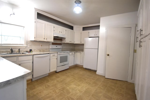 164 Nichols St, Pittsfield, ME 04967 - kitchen featuring white appliances, a sink, under cabinet range hood, white cabinets, and light countertops