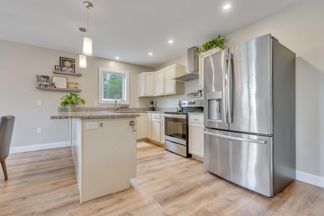 67 Overlook Rd, Windham, ME 04062 - kitchen with appliances with stainless steel finishes, wall chimney range hood, light wood-style flooring, open shelves, and baseboards