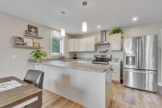 67 Overlook Rd, Windham, ME 04062 - kitchen with appliances with stainless steel finishes, wall chimney exhaust hood, white cabinets, open shelves, and light wood-style floors