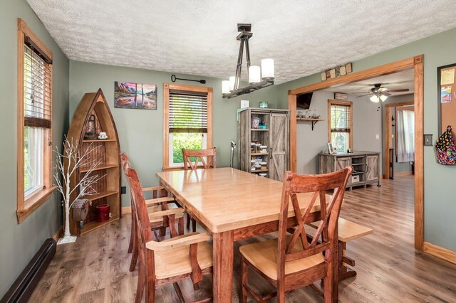 6 Sand Pond Rd, North Berwick, ME 03906 - dining area with a baseboard heating unit, a textured ceiling, wood finished floors, plenty of natural light, and baseboards