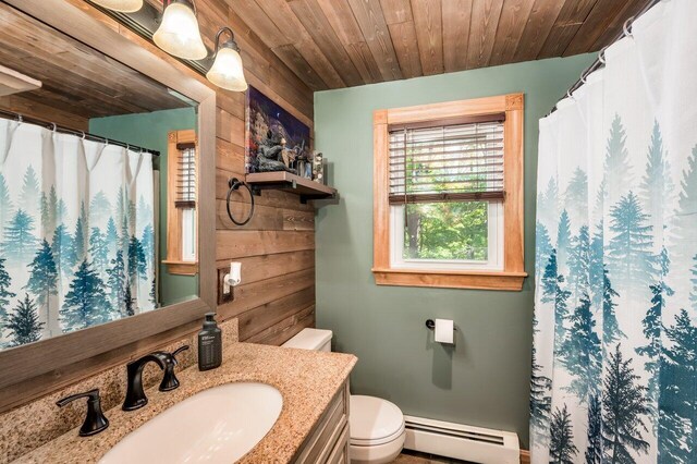 6 Sand Pond Rd, North Berwick, ME 03906 - full bath with a baseboard heating unit, vanity, toilet, wood ceiling, and a shower with shower curtain