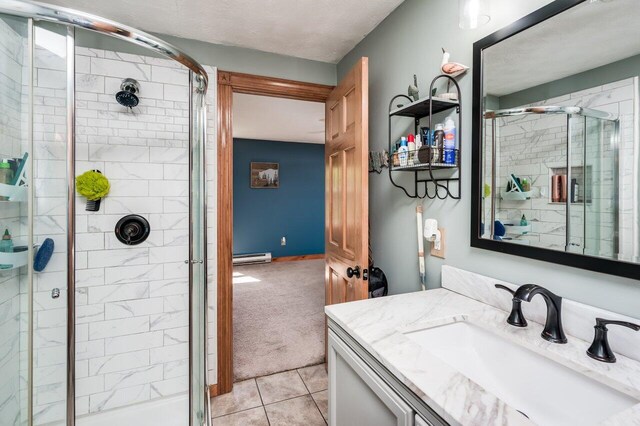 6 Sand Pond Rd, North Berwick, ME 03906 - full bathroom featuring a stall shower, vanity, and tile patterned flooring