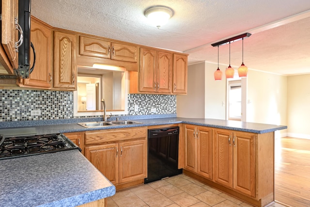 28 Colonial Rd, Westbrook, ME 04092 - kitchen featuring black appliances, a peninsula, tasteful backsplash, pendant lighting, and a textured ceiling