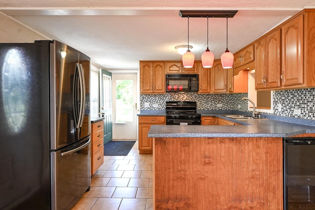 28 Colonial Rd, Westbrook, ME 04092 - kitchen featuring black appliances, beverage cooler, dark countertops, and brown cabinetry