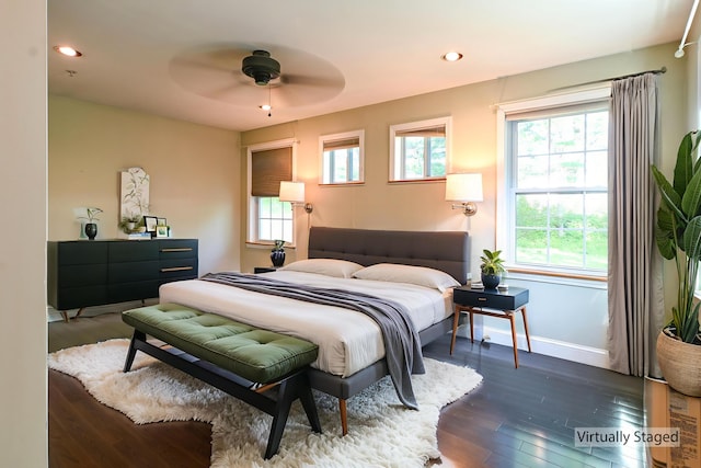 28 Colonial Rd, Westbrook, ME 04092 - bedroom with dark wood-style floors, recessed lighting, and ceiling fan