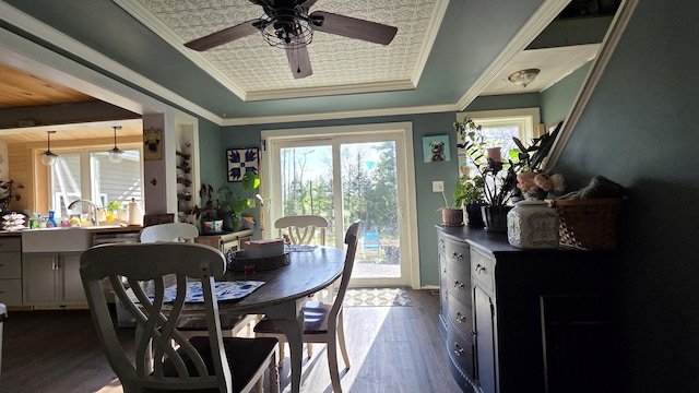 2670 Bennoch Rd, Old Town, ME 04468 - dining space with ceiling fan, a tray ceiling, dark wood-style flooring, and crown molding