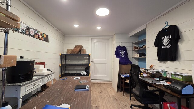 2670 Bennoch Rd, Old Town, ME 04468 - office featuring wood finished floors, wooden walls, and recessed lighting