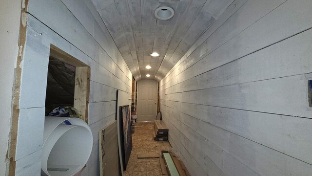 2670 Bennoch Rd, Old Town, ME 04468 - corridor featuring recessed lighting, lofted ceiling, and wood walls