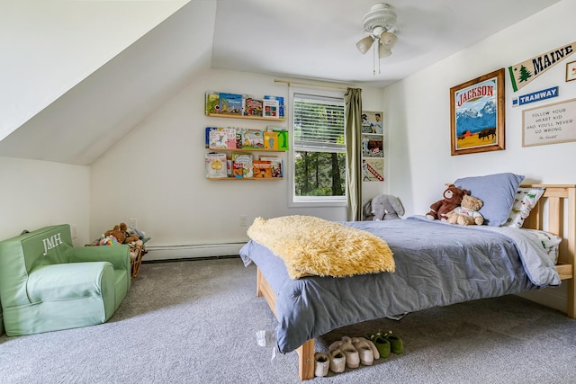 6 Emerald Ct, Berwick, ME 03901 - carpeted bedroom featuring a baseboard radiator, lofted ceiling, and a ceiling fan