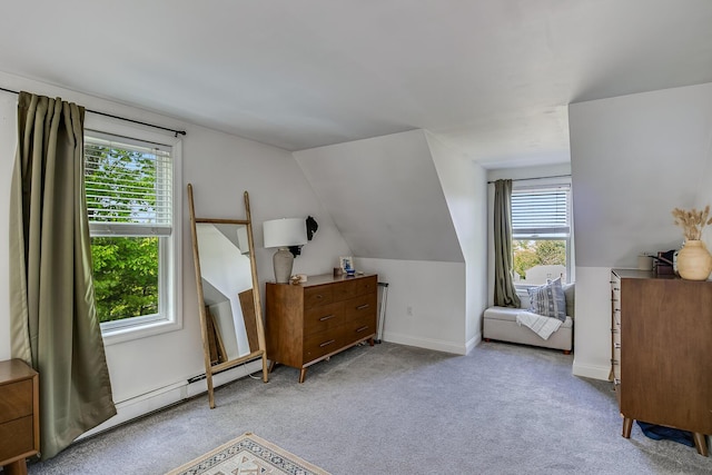 6 Emerald Ct, Berwick, ME 03901 - carpeted bedroom with vaulted ceiling, baseboards, and a baseboard heating unit