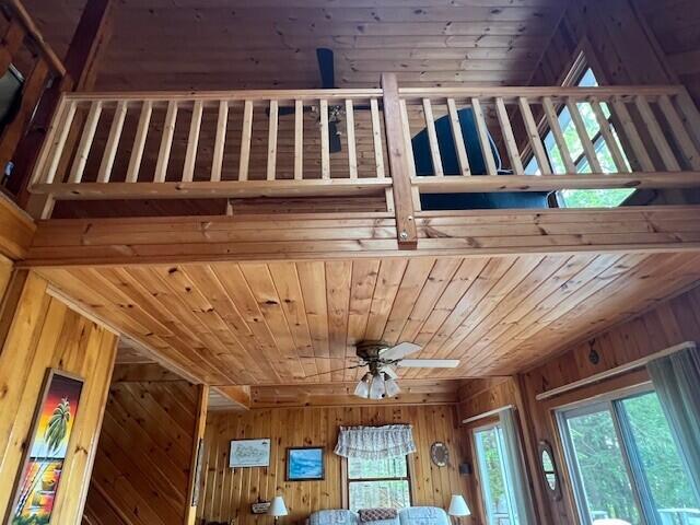 166 Ridge Rd, Frye Island, ME 04071 - detailed view of wooden walls, a ceiling fan, and wooden ceiling