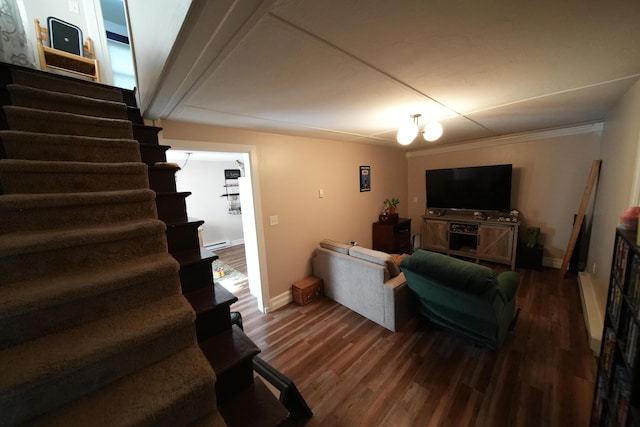 29 Columbia St, Houlton, ME 04730 - living room with stairs, baseboards, and dark wood-style floors