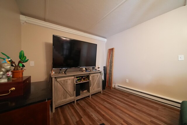 29 Columbia St, Houlton, ME 04730 - living room featuring a baseboard radiator and dark wood-style floors