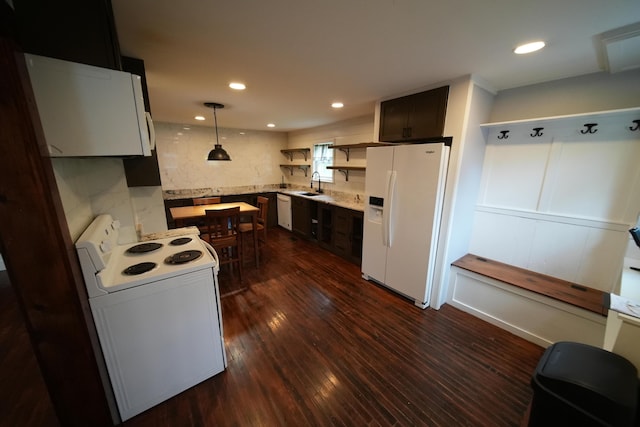 29 Columbia St, Houlton, ME 04730 - kitchen featuring white appliances, a sink, light countertops, open shelves, and dark wood-type flooring