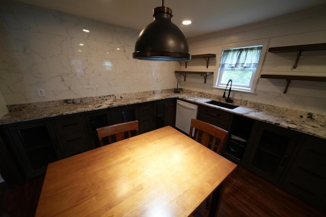 29 Columbia St, Houlton, ME 04730 - kitchen featuring dishwasher, a sink, open shelves, wooden counters, and dark wood finished floors
