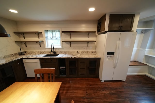 29 Columbia St, Houlton, ME 04730 - kitchen featuring white appliances, a sink, open shelves, dark wood-style flooring, and recessed lighting