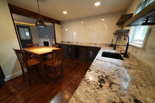 29 Columbia St, Houlton, ME 04730 - dining area featuring dark wood-style flooring, a fireplace, and recessed lighting