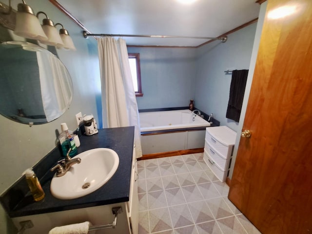 14 Somerset St, Millinocket, ME 04462 - full bath featuring a tub with jets, vanity, curtained shower, and tile patterned floors