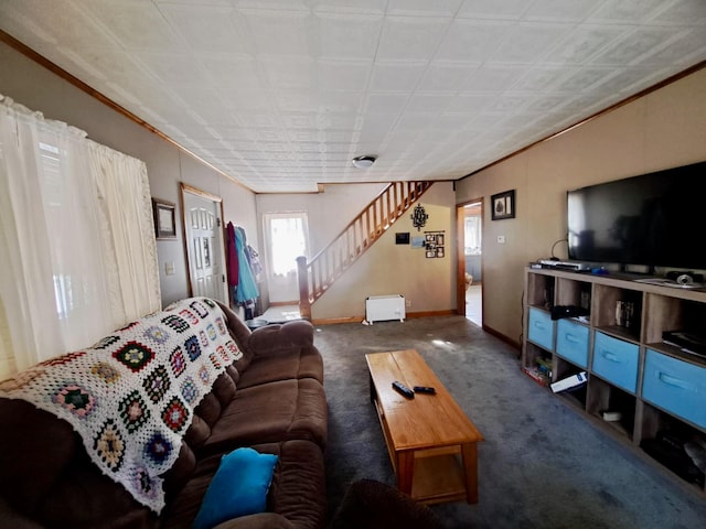 14 Somerset St, Millinocket, ME 04462 - carpeted living room with stairway, crown molding, and baseboards