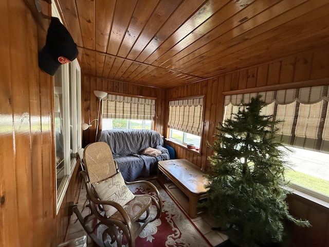 14 Somerset St, Millinocket, ME 04462 - living room featuring wooden ceiling and wooden walls