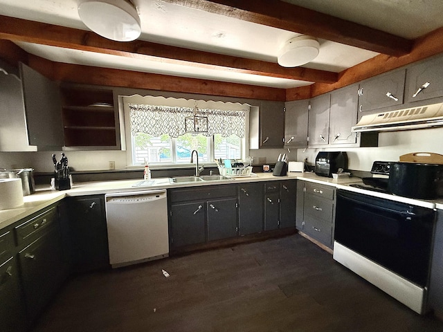 14 Somerset St, Millinocket, ME 04462 - kitchen with black electric range, dishwasher, under cabinet range hood, beamed ceiling, and dark wood-style flooring