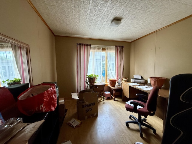 14 Somerset St, Millinocket, ME 04462 - office with an ornate ceiling, wood finished floors, and ornamental molding