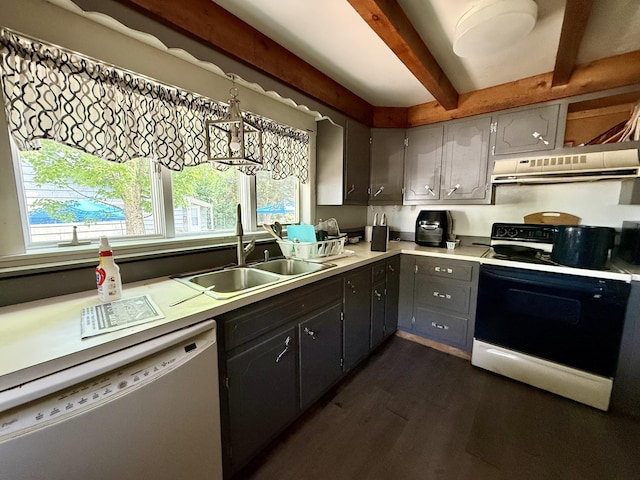 14 Somerset St, Millinocket, ME 04462 - kitchen with white dishwasher, electric range, exhaust hood, beam ceiling, and dark wood finished floors