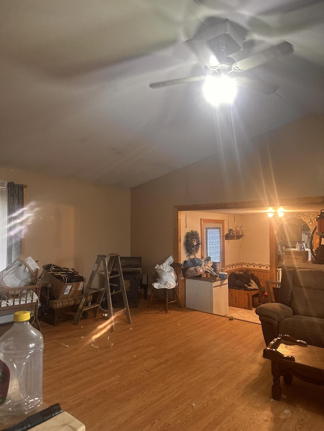 187 Purkis Rd, Buckfield, ME 04220 - rec room with wood finished floors, ceiling fan, and vaulted ceiling